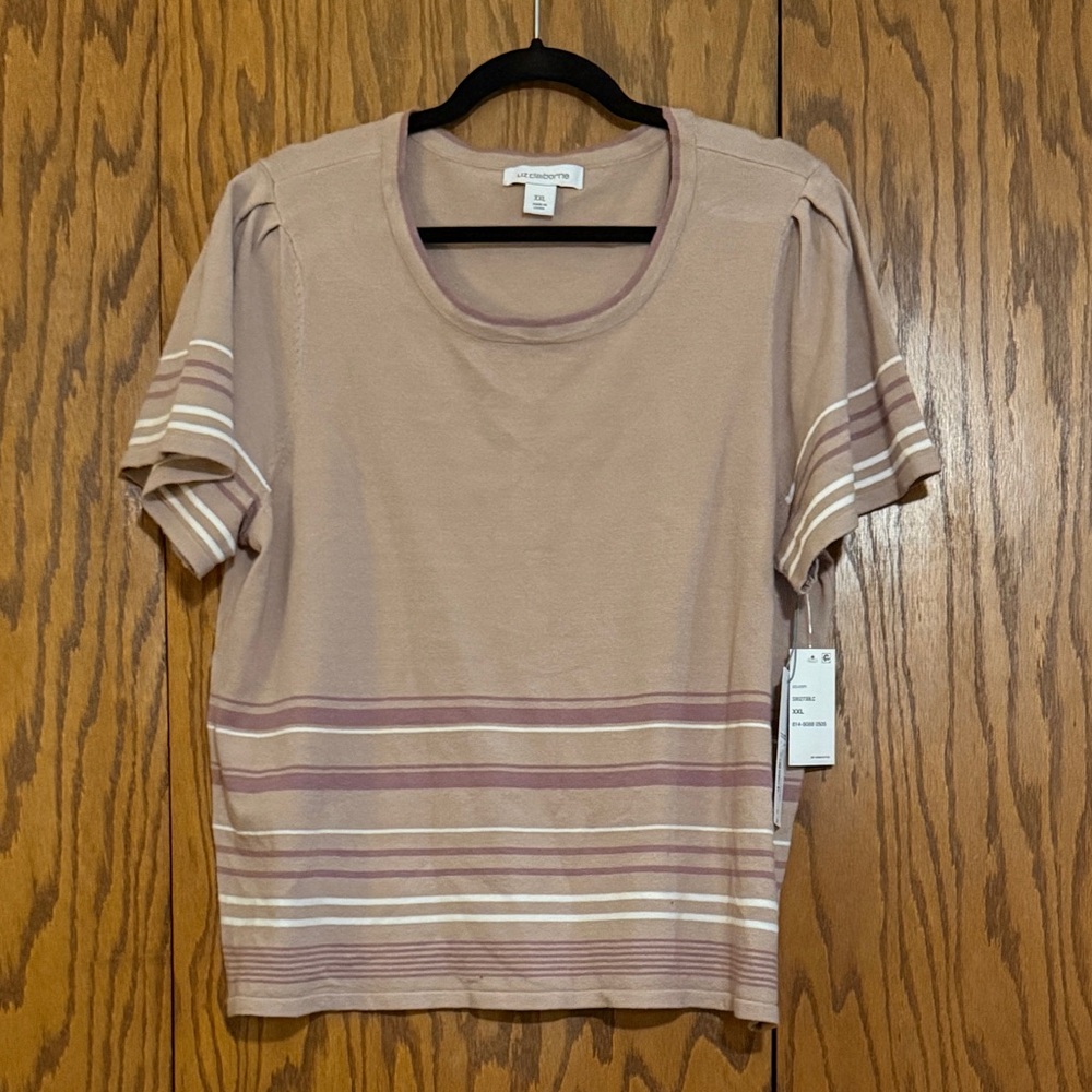 Liz Claiborne XXL Striped Knit Top Short Sleeve Brown Mauve NWT